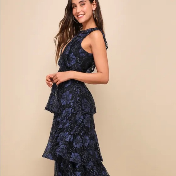 Lulu's Navy Blue Lace Ruffled Tiered Sleeveless Maxi Dress - Picture 3 of 8